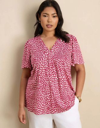 Live Unlimited London Womens Pink Abstract Print V-Neck Flutter Sleeve Jersey Top - Red - Size: 26