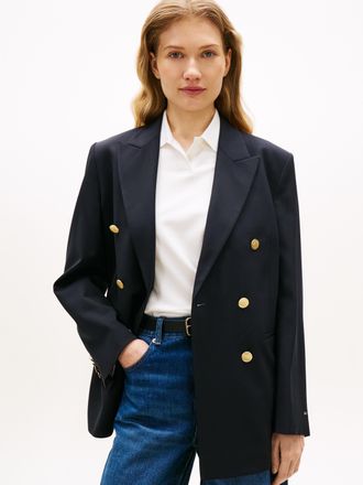 Tommy Hilfiger Kurzblazer TOMMY HILFIGER TIMELESS WOOL DB BLAZER, Damen, Gr. 34, schwarz night navy, Web, Obermaterial: 54% Polyester, 44% Wolle, 2% Elasthan, unifar