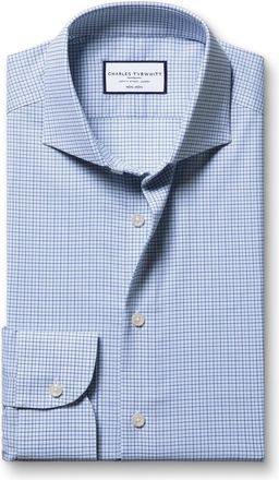 CHARLES TYRWHITT Non-Iron Twill Performance Check Cotton Shirt - Mid Blue Single Cuff Size 15.5/33 by Charles Tyrwhitt