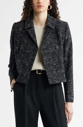 Nordstrom Textured Cropped Jacket in Black- Ivory Tweed at Nordstrom, Size Xx-Large