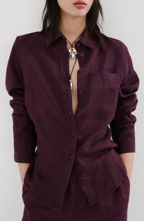 Mango Linen Button-Up Shirt in Plum at Nordstrom, Size 10