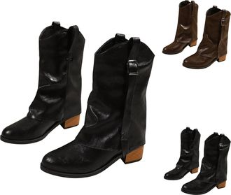 Generic Fold Over Boots for Womens Slouchy Mid Calf Boots Chunky Heel Pull-On Shoes Ladies Round Toe Non-slip Rubber Biker Shoes Winter Comfy Shoes with Cushi