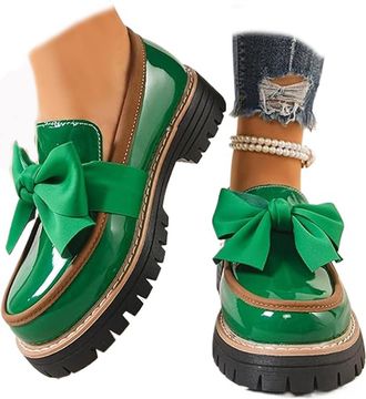 Generic Womens Patent Bowknot Thick Sole Loafers - Platform Round Toe Slip-On Shoes, Chunky Heel Non-Slip Loafers for Women for Office Business Work Everyday 