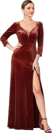 Ever-pretty Womens V Neck A Line Empire Waist A Bustier Thigh High Slit Stunning Evening Dresses Brick Red 10UK