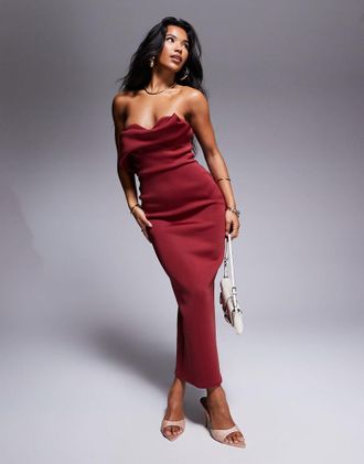 Asos structured bust detail midi dress in burgundy in scuba-style fabric