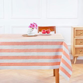 Solino Home Linen Tablecloth for Dining Table, Holiday and Everyday Dining Table Decor - Cabana Stripe in Salmon And White at Nordstrom, Size X-Small