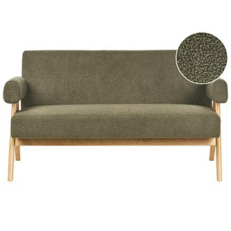 Beliani Sof&aacute; 2 Plazas Retro Sal&oacute;n Tapizado De Boucl&eacute; Patas De Madera Verde Y Marr&oacute;n Claro Tamre