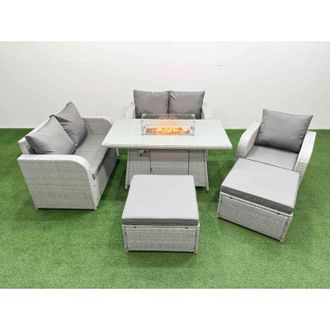 Fimous High Back Poly Rattan Garden Furniture Set with Reclining Chair Loveseat Sofa Firepit Dining Table Indoor Outdoor Patio Set 3 Stools Side Table Light