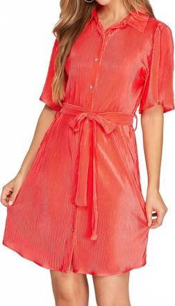 She + Sky Half Sleeve Plisse Woven Button Down Dress With Waist Sash In Coral