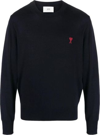 Ami Round-neck Knitwear, male, Blue, XS, Embroidered Jumper with Heart Motif