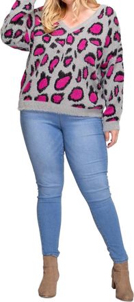 She + Sky Leopard V Back Plus Sweater In Hot Pink/grey