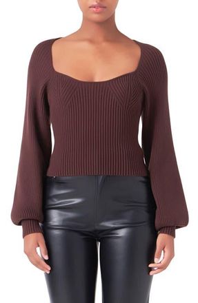 endless rose Ribbed Bishop Sleeve Top in Chocolate at Nordstrom, Size X-Small