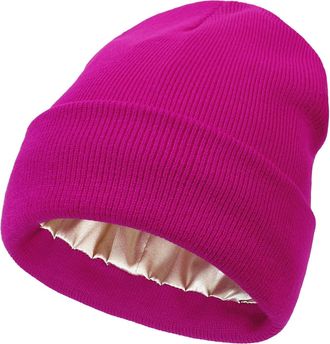 Generic Womens Winter Warm Satin Lined Knit Beanie Hat Slouchy Skull Caps Silk Lining Ski Hats for Women