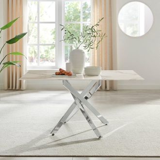 Furniturebox Leonardo 6-Seater Dining Table With Marble Effect Glass Top & Silver Metal Legs in White