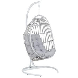 Beliani Silla Colgante De Rat&aacute;n Gris Claro Con Soporte Silla Giratoria Moderna Patio Interior Al Aire Libre Sesia