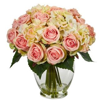 Nearly Natural Rose and Hydrangea Bouquet Artificial Arrangement in Pink at Nordstrom