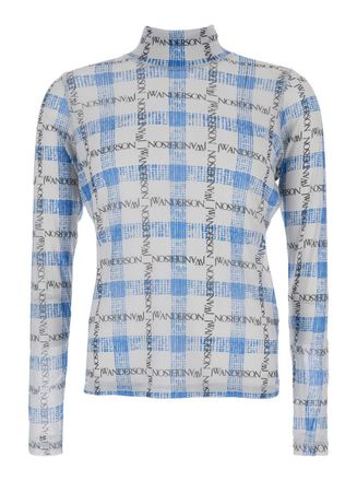 J.W.Anderson Light Blue Turtleneck T-Shirt With All-Over Check Motif And All-Over Logo Print In Tech Fabric Stretch Man