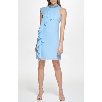 Vince Camuto Beaded Ruffle Sleeveless Dress in Sky at Nordstrom Rack, Size 12