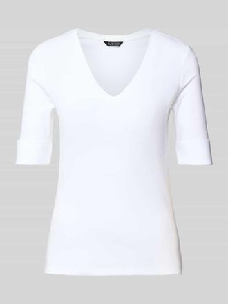 Lauren Ralph Lauren T-Shirt mit geripptem V-Ausschnitt Modell JUDY in Weiss, Gr&ouml;&szlig;e M