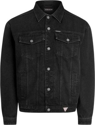 Guess Heren-truckerjack van effen denim met borstzak (Zwart)