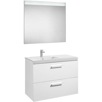 Roca Conjunto De Mueble Con 2 Cajones, Lavabo Y Espejo Con Luz Led Prisma Roca Color: Blanco Brillo - Posici&oacute;n Del Lavabo: Izquierda