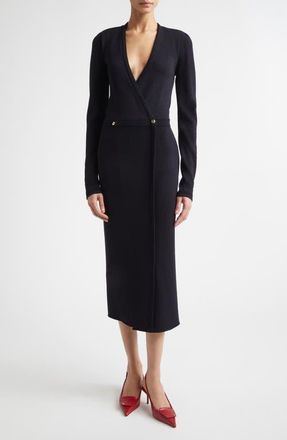 St. John Legacy Wool Blend Crepe Faux Wrap Sweater Dress in Black at Nordstrom, Size X-Large