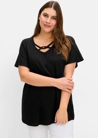 Sheego T-Shirt SHEEGO T-Shirt, Damen, Gr. 40/42, schwarz, 95% Viskose, 5% Elasthan, unifarben, V-Ausschnitt, Shirts T-Shirt