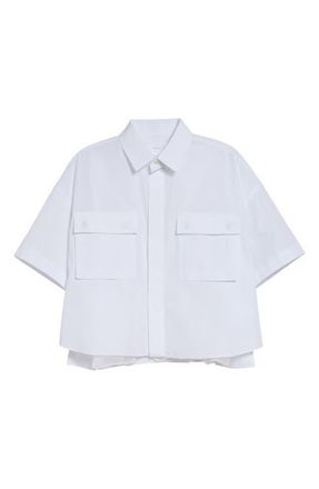 sacai Pleat Back Crop Poplin Button-Up Shirt in White at Nordstrom, Size 2