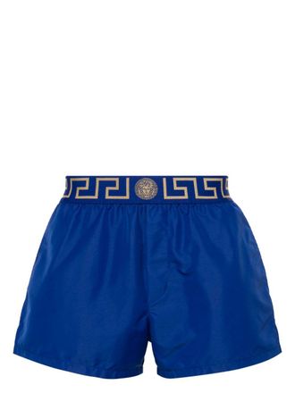 Versace Vibrant Blue Silk And Nylon Shorts With Greek Key Waistband