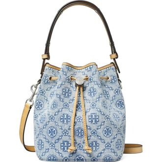 Tory Burch Mini T Monogram Denim Bucket Bag in Powder Blue at Nordstrom