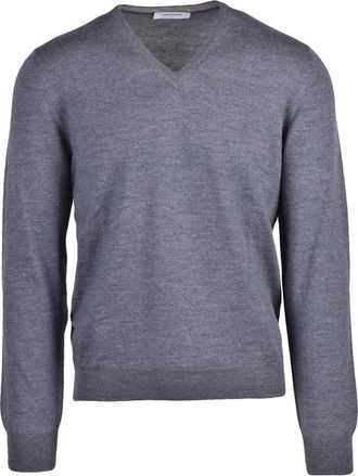 Gran Sasso V-Neck Sweater in 100% Virgin Wool with Ribbed Details