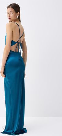 Twik Womens Satiny fitted draped-neck dress