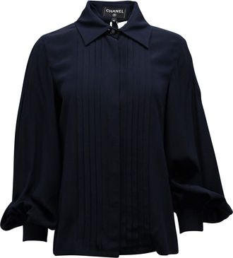 Chanel Concealed Button Pleated Blouse in Navy Blue Silk