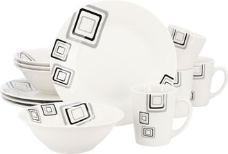 Gibson Home Black Squares 12 Piece Round Fine Ceramic Dinnerware Set in White