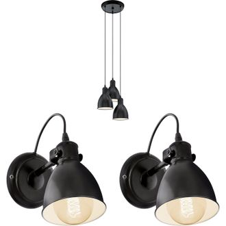 Loops Ceiling Pendant Light & 2x Matching Wall Lights Black Multi Lamp Hanging Shade