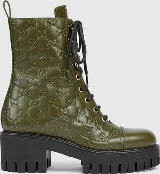 Gucci Womens Lace-up Ankle Boot With GG, Green, Leather