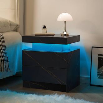 Direct Wicker LED Nightstand Bedside Modern Cabinet with Stone Pattern Decoration in Black | Size: 1 Pack