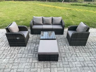 Fimous Garden Furniture Sets 6 Seater Wicker Rattan Furniture Patio Sofa Sets with Reclining Chair 3 Seater Sofa Big Footstool in Dark Grey