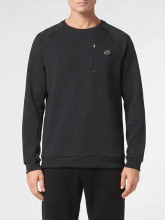 Plein Sport Cotton Crewneck Sweatshirt with Zip Pockets and Logo Print
