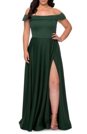 La Femme Off The Shoulder Plus Size Dress with Leg Slit in Emerald at Nordstrom, Size 14W