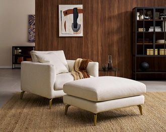 Castlery Lena Armchair with Ottoman, Cream, Brass Legs, Spill-Resistant, Removable Covers for Women