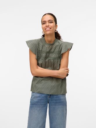 Vero Moda Blusenshirt VERO MODA VMTRINE SL LACE TOP WVN NOOS, Damen, Gr. XS, gr&uuml;n (laurel wreath), Web, Obermaterial: 100% Baumwolle, unifarben, regular fit nor