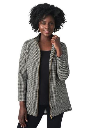 Jessica London Stretch Cotton Zip Front Hi-Low Jacket in Black Mini Houndstooth at Nordstrom, Size Small