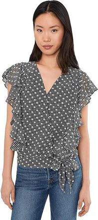 Liverpool L.A. Short Ruffle Sleeve Draped Front Woven Blouse Womens Clothing Black/ White Plaid : SM, Polyester