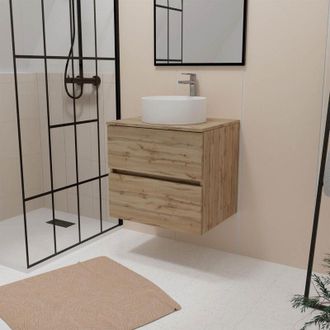 Aurlane Aurlane - Mueble de Baño 80cm 2 Cajones Roble Natural + Lavabo Redondo Blanco Ø36,5cm
