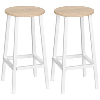 HOMCOM Juego De 2 Taburetes De Cocina De Aglomerado Y Acero, Asiento Y Reposapi&eacute;s Lisos, 32,5 X 32,5 X 65 Cm, Blanco Y Madera