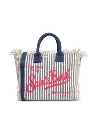 MC2 Saint Barth Striped Canvas Tote Bag with Fringed Edges and Bold Logo