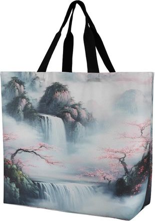 Generic Mountains Flowers Waterfall Reusable Shopping Bags Large Capacity Grocery Bag Heavy Duty Tote for Women 40x40x16cm
