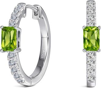 MAX + STONE 925 Sterling Silver Emerald Cut Round Gemstone Hoop Earrings with Cubic Zirconia