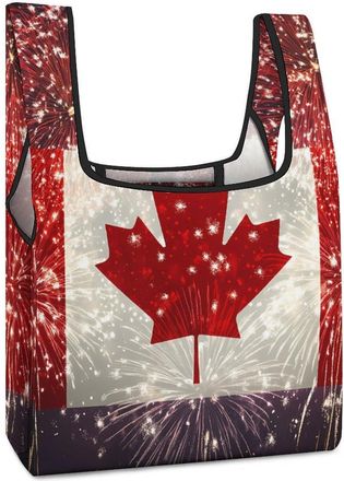 Generic Happy Canada Day Firework Flag Reusable Shopping Bags Lightweight Foldable Grocery Bag Polyester Washable Tote Bag